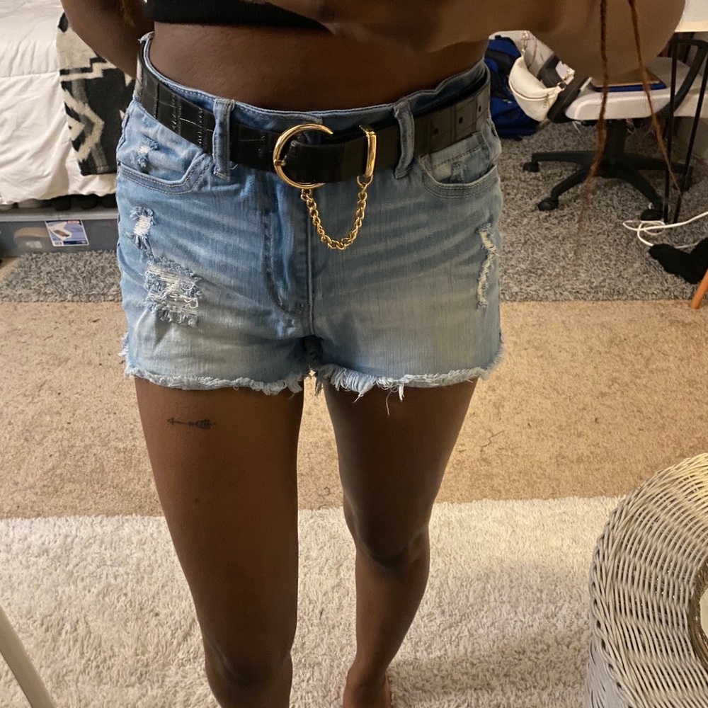 distressed blue jean shorts